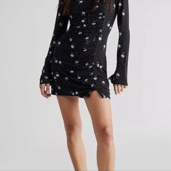 Free People Celia Mini Dress in black with a floral polka dot pattern - Picture 4 of 12